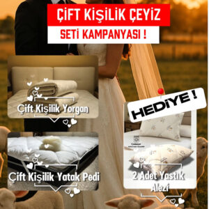 Çift Kişilik Çeyiz Seti | Yün Yorgan + Yatak Pedi + 2’li Boncuk Yastık | 2 Adet Yün Yastık Alezi Hediye!